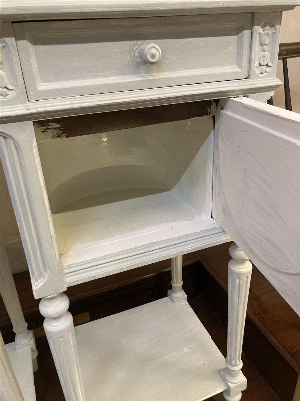 A pair of early 20th century French painted marble top bedside cabinets, width 41cm depth 35cm height 122cm